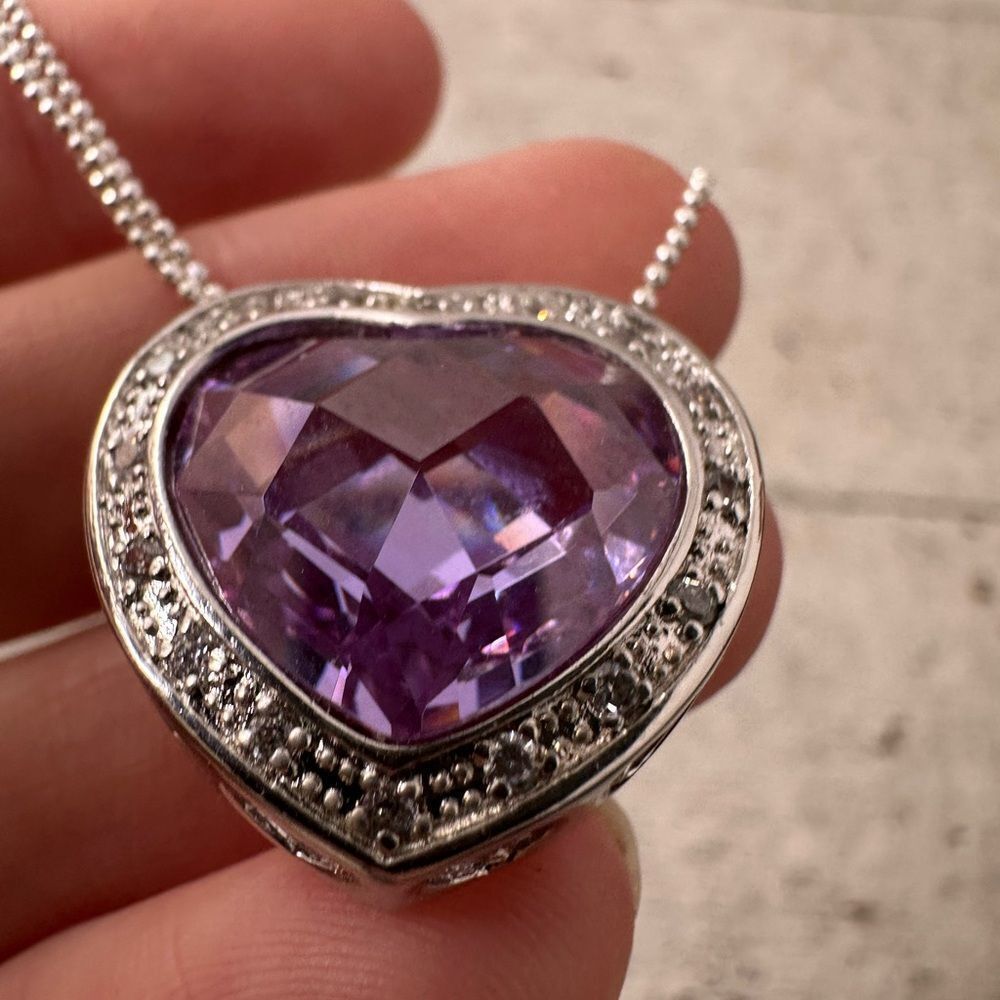 Vintage Italian 925 Sterling Purple Heart CZ Necklace - Picture 6 of 11